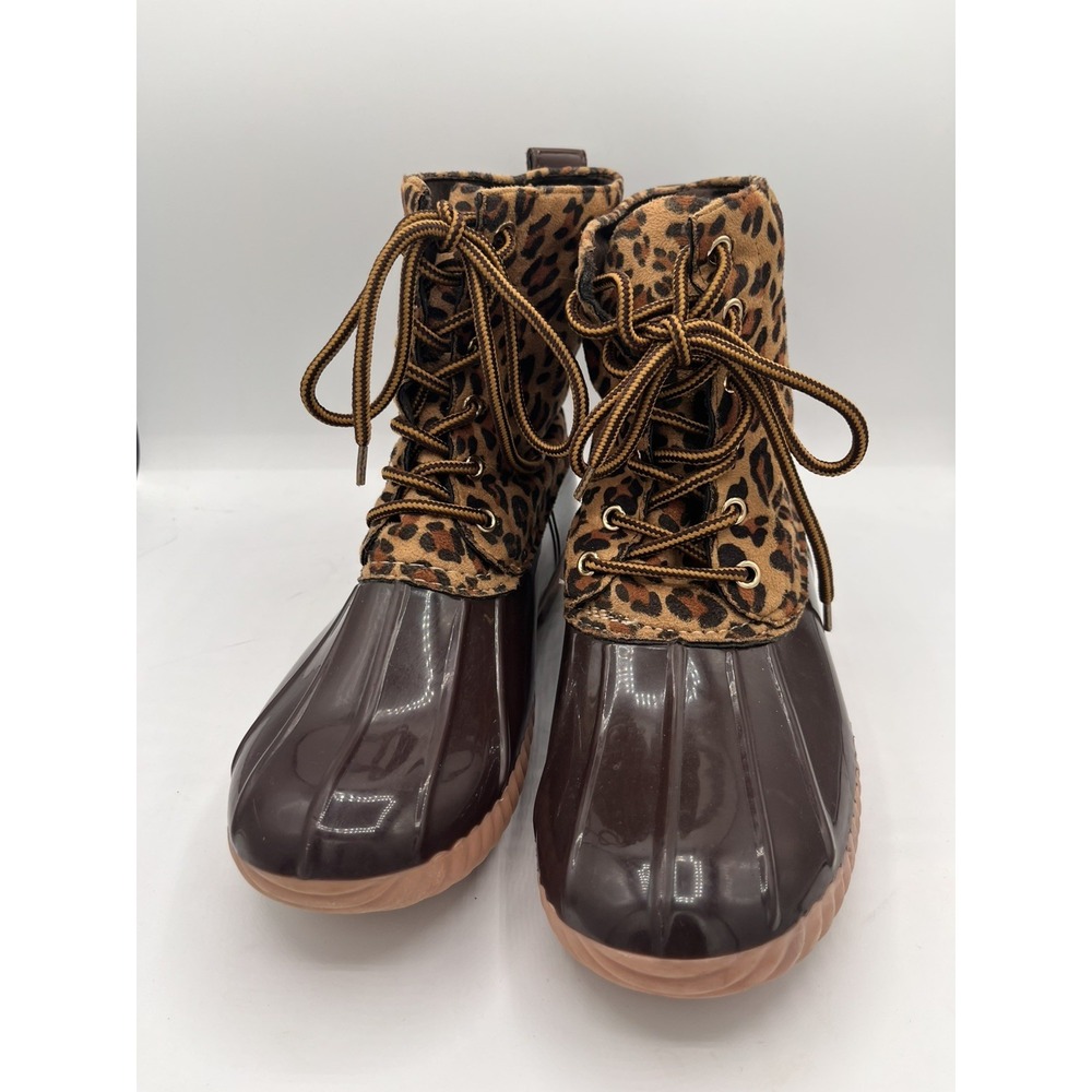 Avanti Rosetta Lace-Up Rain Boots - Mid-Calf Duck Boots - Leopard Print Size 9